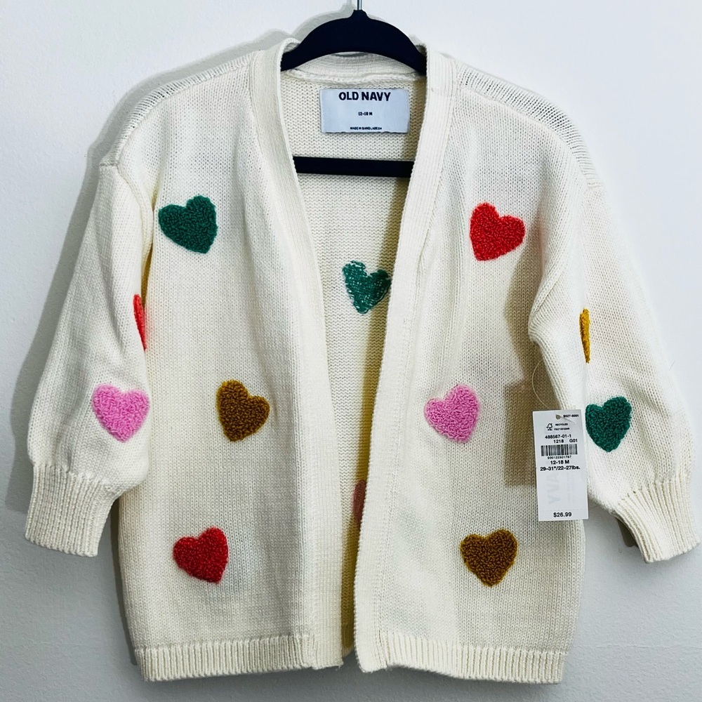 NWT Old Navy Baby Cardigan Cream Heart Knit Sweater Girls Chunky Open Front